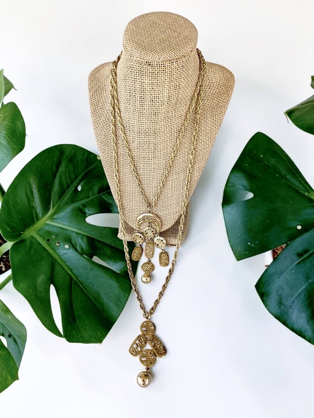 Vintage Gold-Tone Double Strand Brutalist Chandelier Pendant Necklace